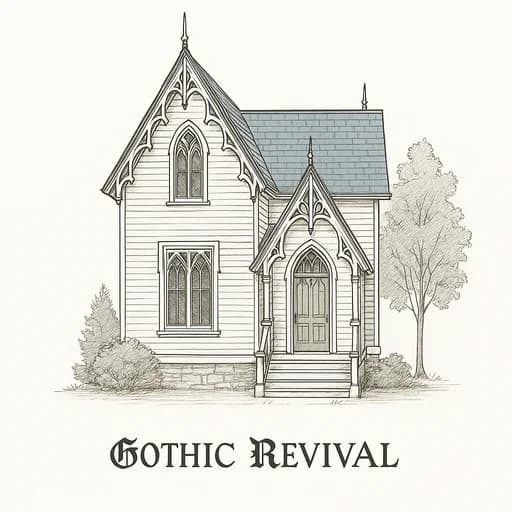 Gothic Revival style house with pointed arches, elaborate wood trim, and towers