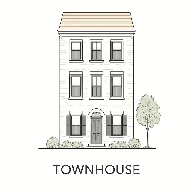 Townhouse style home with narrow design, multiple floors, and shared walls