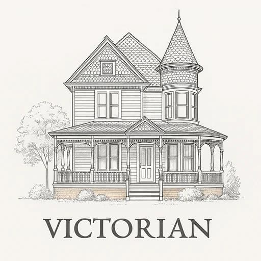 Victorian style house with elaborate woodwork, towers, turrets, and steep gabled roof