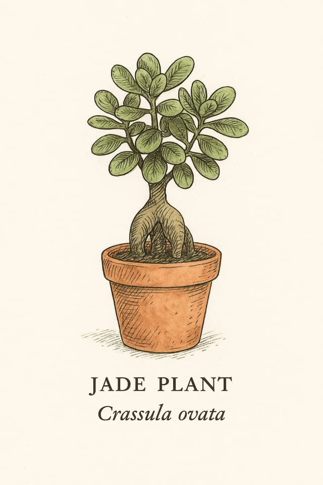 Jade plant with thick, coin-like green leaves symbolizing wealth