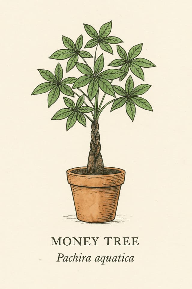 Money tree plant with braided trunk and lush green leaves