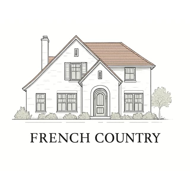 French Country style house with steep pitched roof, tall windows, and rustic charm