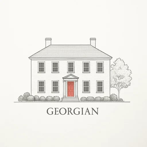 Georgian style house with formal classical details, crown and pilasters around front door