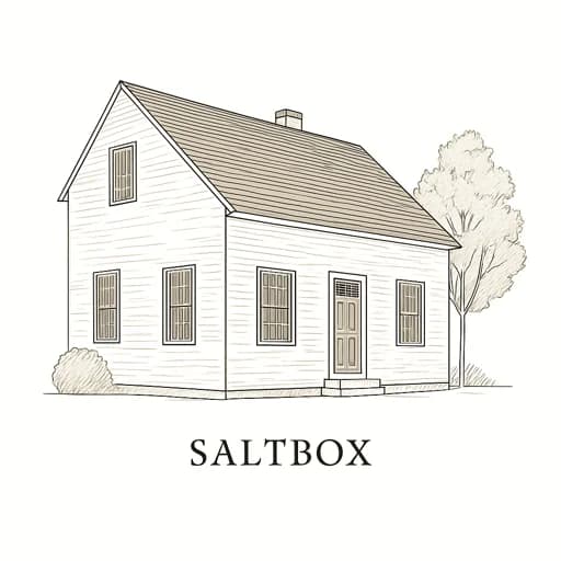 Saltbox style house with distinctive asymmetrical roof
