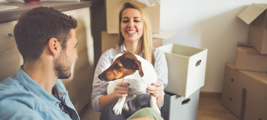 Image Of First-Time Home Buyers Sitting With Their Dog On The Floor Of Their New Home And Talking About All The Dog Parties They'Re Going To Host In The Next Year