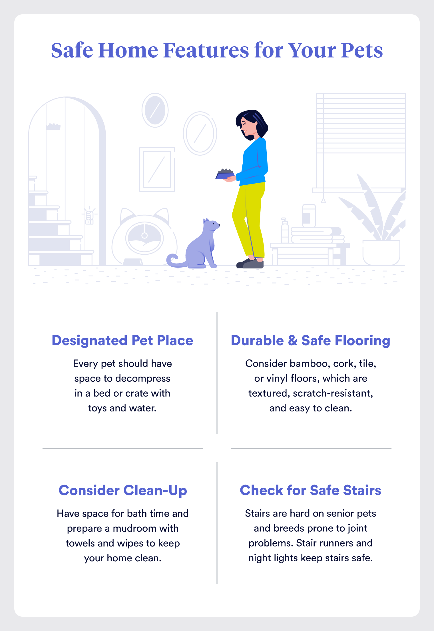 Illustration - How to keep your new home safe for pets including dogs, cats, domestic pigs, and rabbits