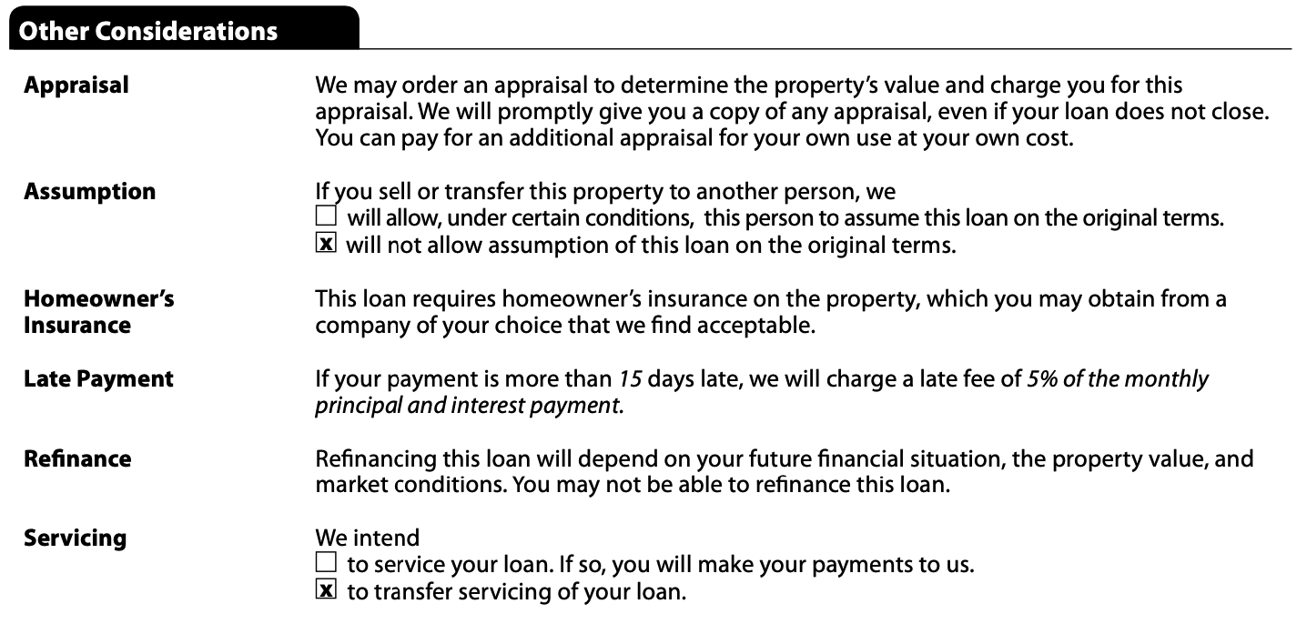 Image snippet from a mortgage Loan Estimate that shows the Other Considerations section